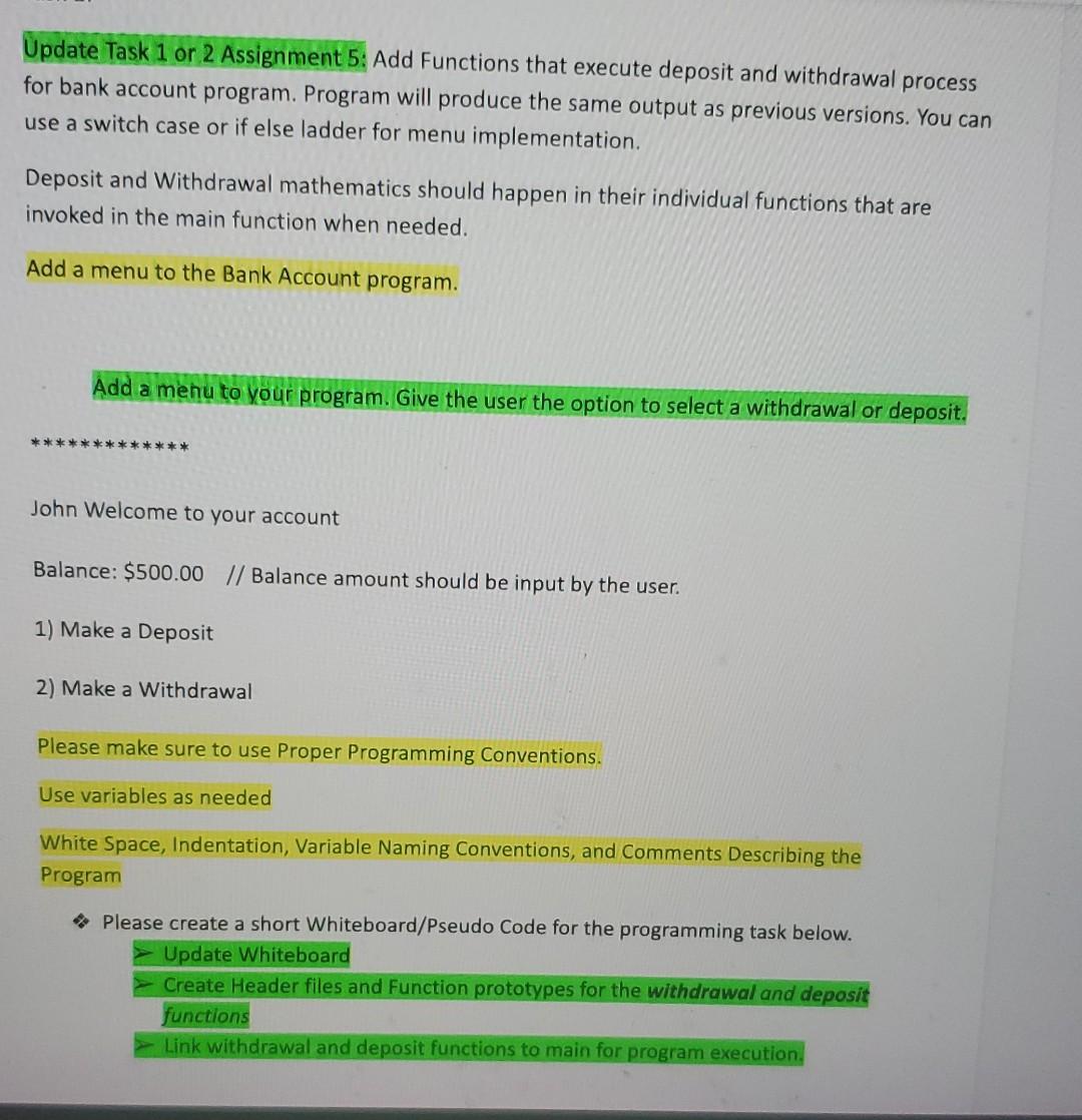 Solved Update Task 1 or 2 Assignment 5: Add Functions that | Chegg.com