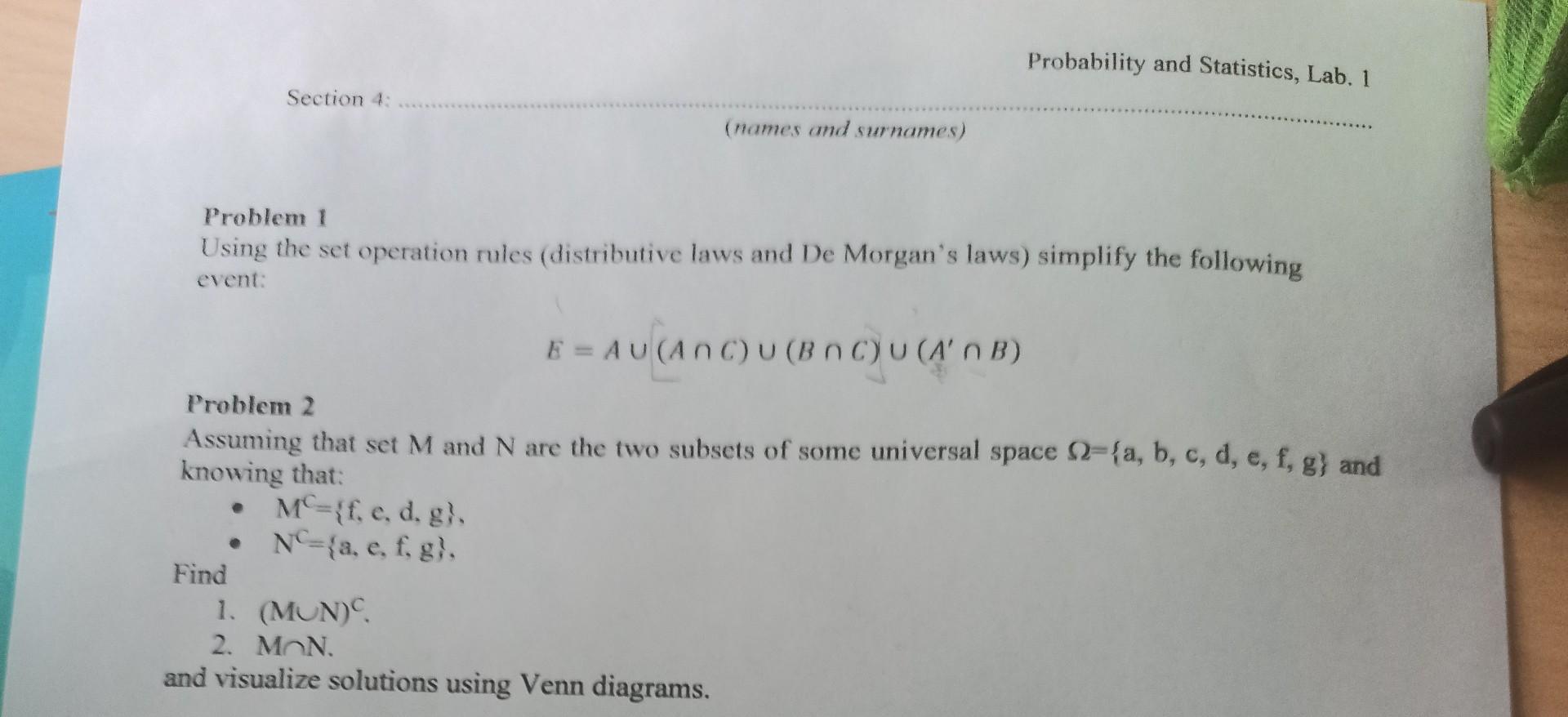 Solved Probability And Statistics, Lab. 1 Section 4 (names | Chegg.com