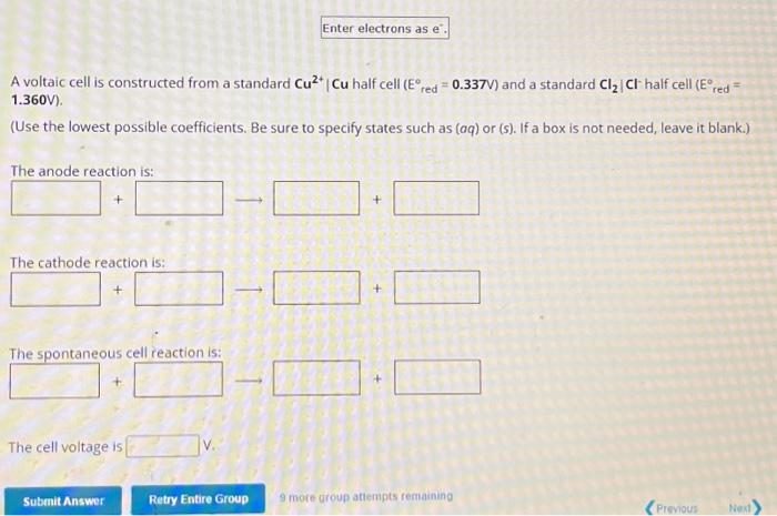 A voltaic cell is constructed from a standard Cu2+∣Cu | Chegg.com