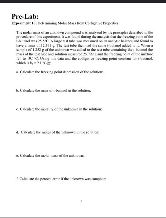 Solved Experiment 10; Determining Molar Mass From | Chegg.com