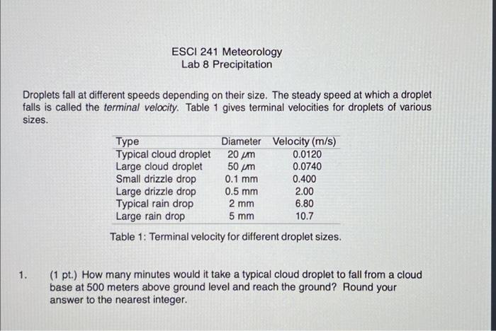 Solved ESCI 241 Meteorology Lab 8 Precipitation Droplets | Chegg.com