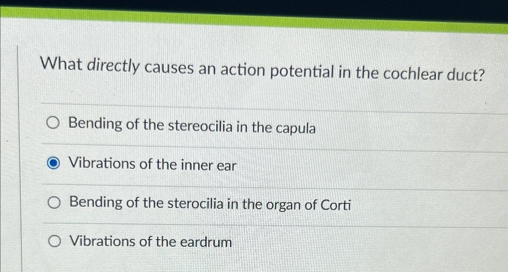 what directly causes an action potential in the cochlear duct