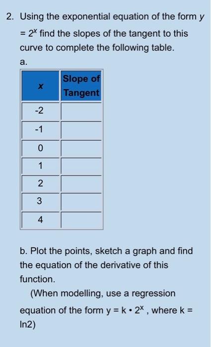 Solved 2. Using the exponential equation of the form y = 2* | Chegg.com