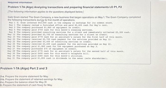 Problem 1-7A (Algo) Analyzing transactions and | Chegg.com