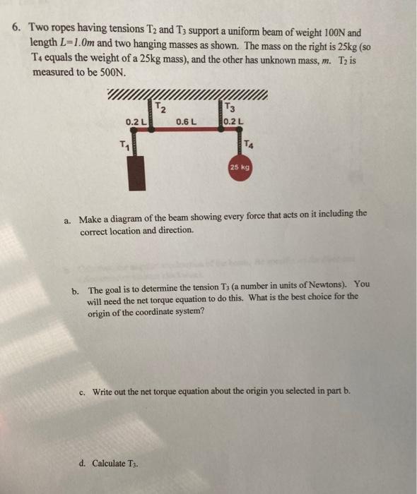 Solved 6. Two ropes having tensions T2 and T3 support a | Chegg.com