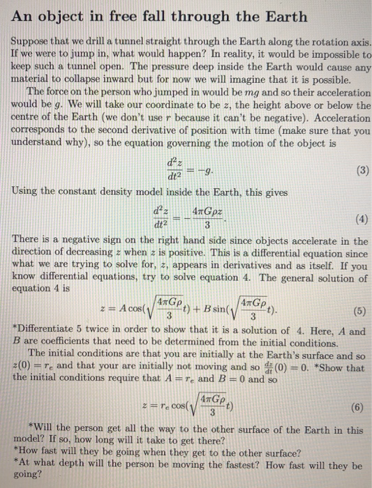 Solved An Object In Free Fall Through The Earth Suppose That | Chegg.com