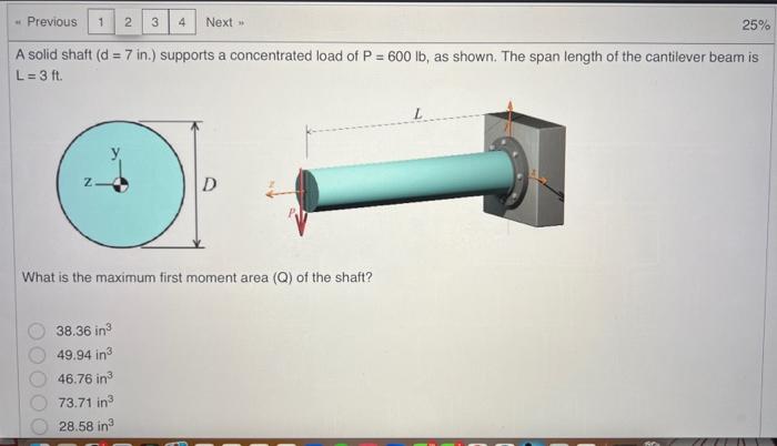 Solved A solid shaft ( d=7 in.) supports a concentrated load | Chegg.com