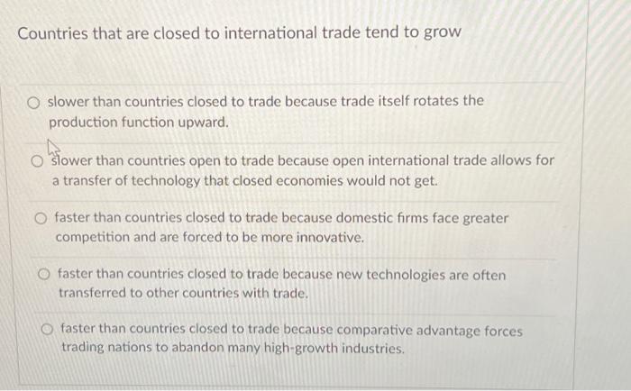 Solved Countries that are closed to international trade tend | Chegg.com