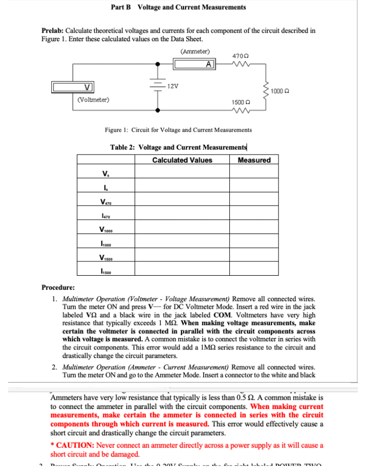 Solved Part B Voltage and Current Measurements Prelab: | Chegg.com
