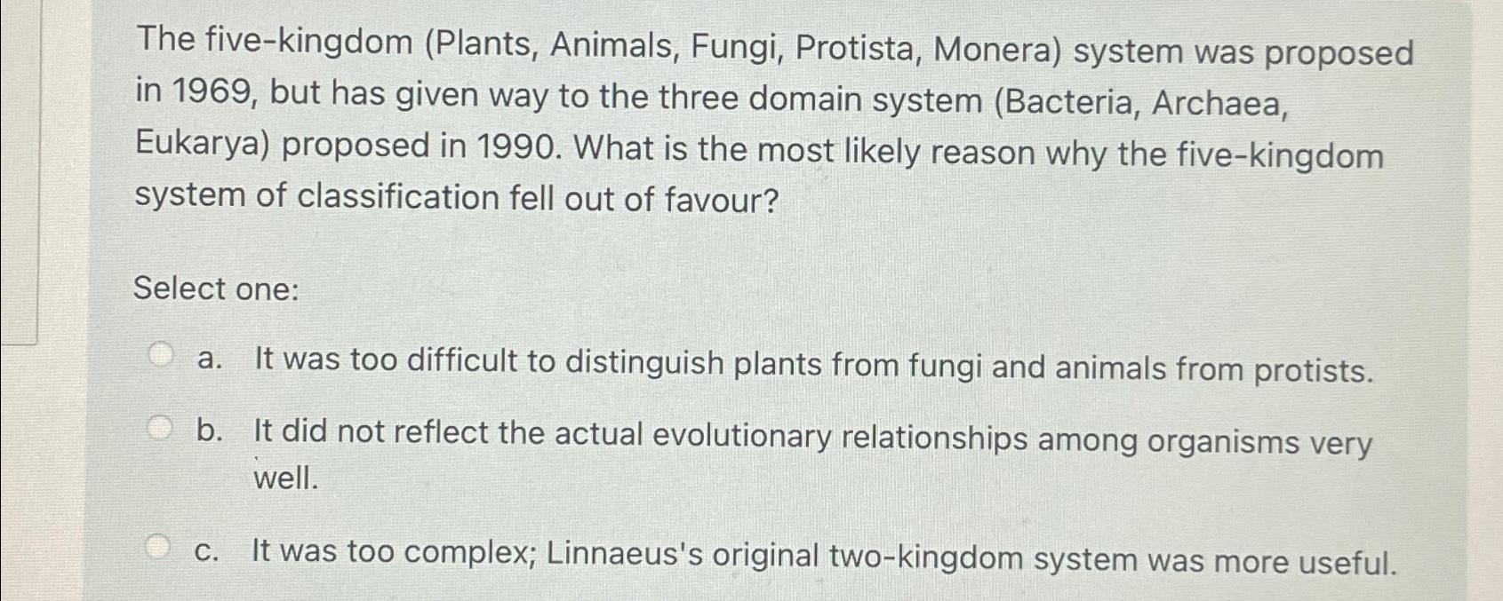 Solved The five-kingdom (Plants, ﻿Animals, Fungi, Protista, | Chegg.com