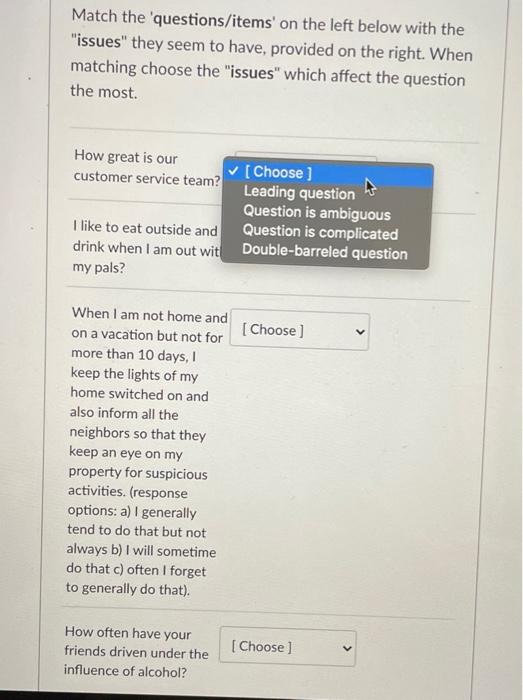 Solved Match the questions/items' on the left below with the | Chegg.com