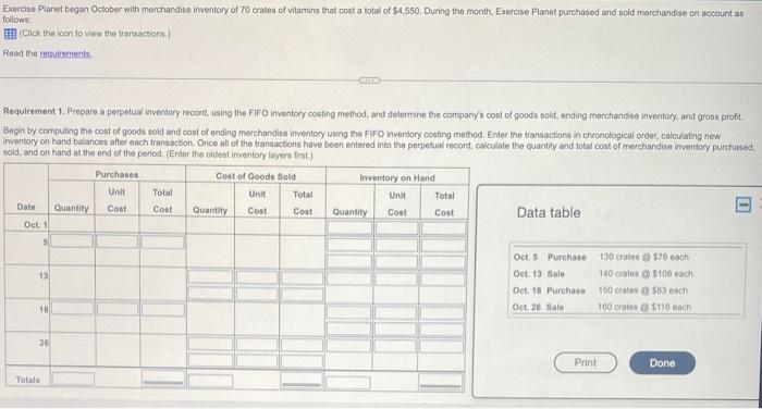 Exercise Planet began October with merchandise inventory of 70 craves of vitamins that cost a total of \( \$ 4.550 \). During