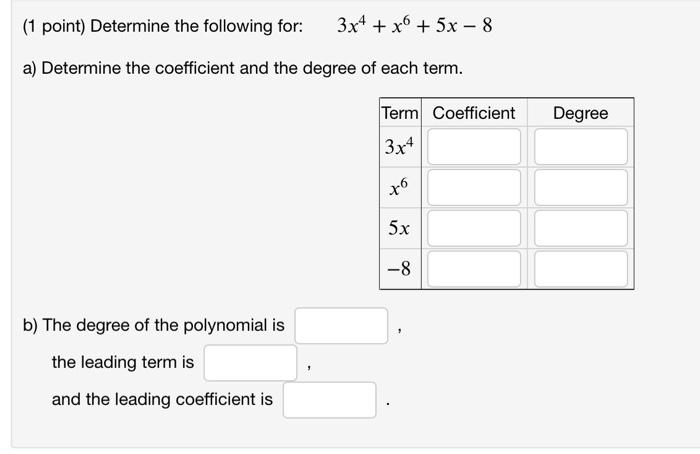 Solved (1 point) Determine the following for: 3x4 + x + 5x - | Chegg.com