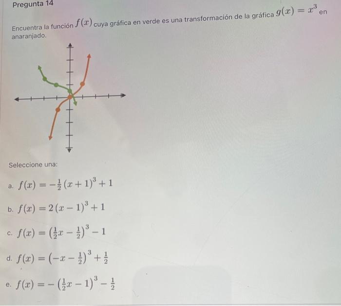 Encuentra la función \( f(x)_{\text {cuya gráfica en verde es una transformación de la gráfica }} g(x)=x^{3} \) en Pregunta 1