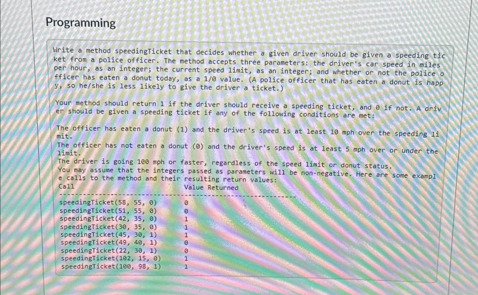 Solved ProgrammingWrite a method speedingTicket that decides | Chegg.com
