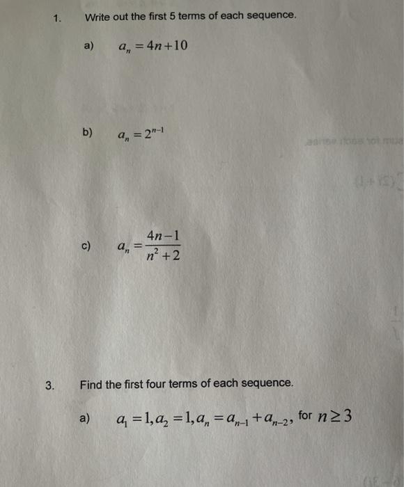 Solved 1 Write Out The First 5 Terms Of Each Sequence A A Chegg Com