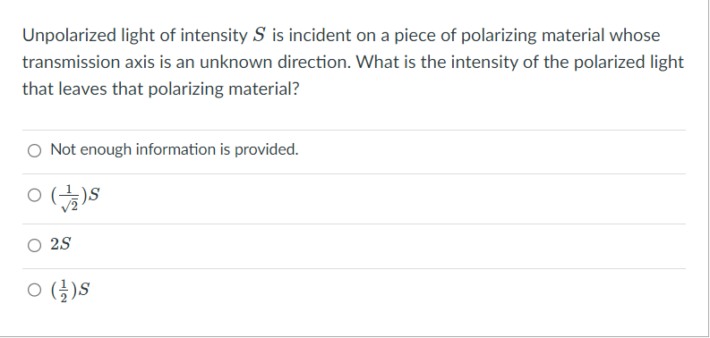 Solved Unpolarized light of intensity S ﻿is incident on a | Chegg.com