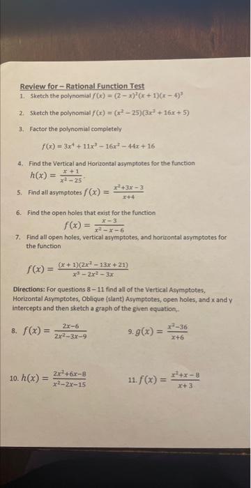 Solved Review for - Rational Function Test 1. Sketch the | Chegg.com