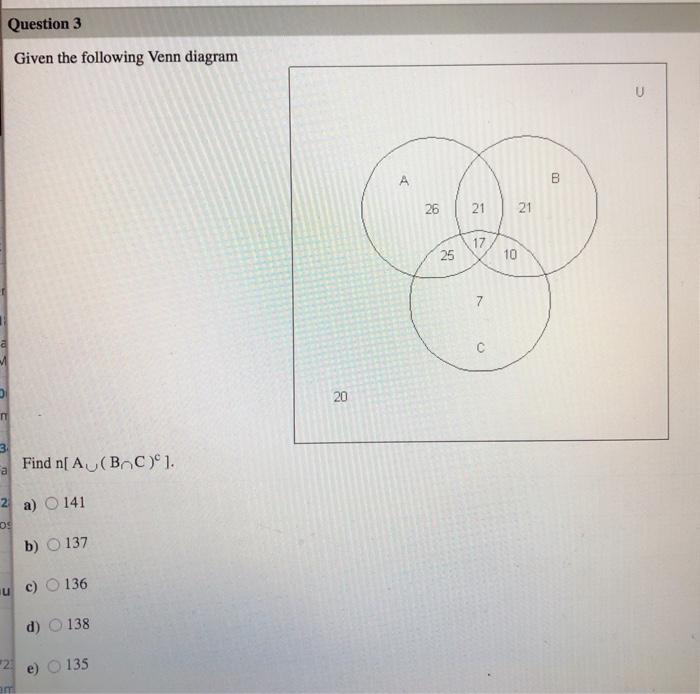 Solved Question 3 Given The Following Venn Diagram U A B 26 | Chegg.com ...