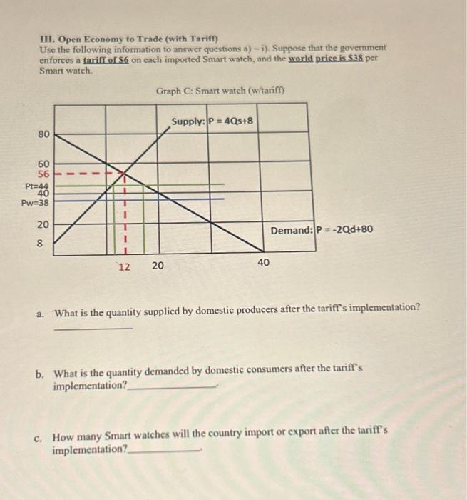 Solved III. Open Economy to Trade (with Tariff) Use the