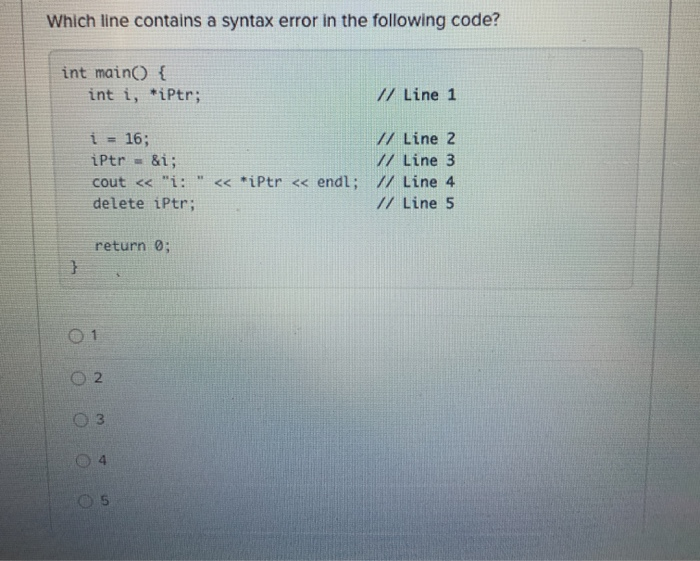 Solved Which line contains a syntax error in the following | Chegg.com