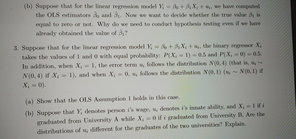 Solved (b) Suppose that for the linear regression model Y; = | Chegg.com