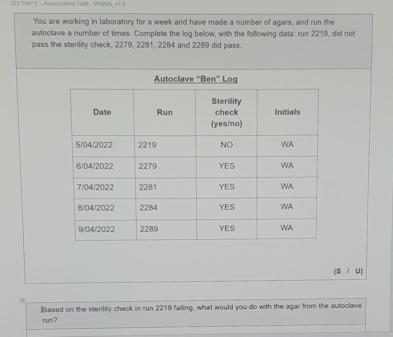 Solved autoclave a number of times. Complete the log below,