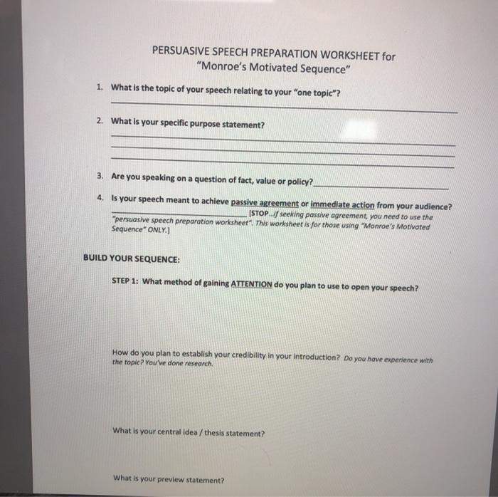 PERSUASIVE SPEECH PREPARATION WORKSHEET for "Monroe's | Chegg.com