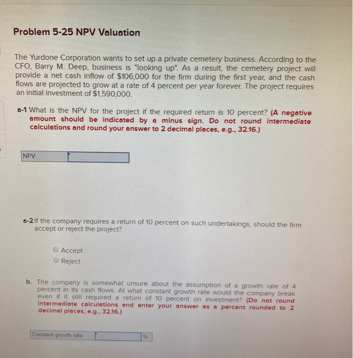 Solved Problem 5-25 NPV Valuation The Yurdone Corporation | Chegg.com