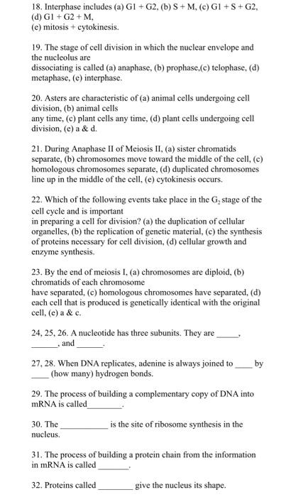 Solved 18. Interphase includes (a) GI + G2, (b) S+M, (c) G1 | Chegg.com