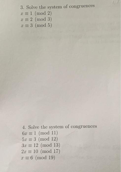 Solved 3. Solve the system of congruences | Chegg.com