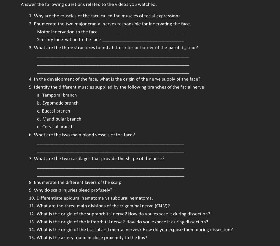 Answer the following questions related to the videos you watched.
1. Why are the muscles of the face called the muscles of fa