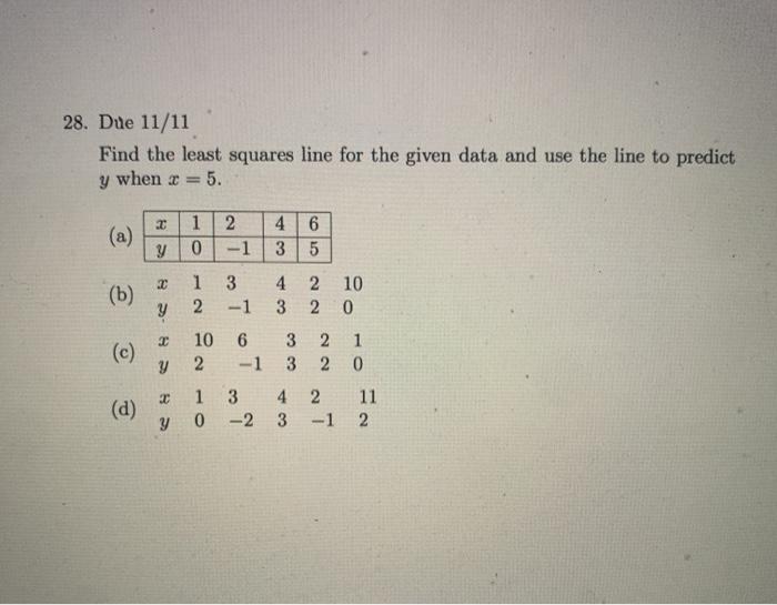 Solved 28. Due 11/11 Find the least squares line for the | Chegg.com