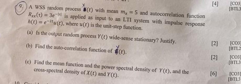 Solved 9. A WSS random process x(t) with mean mx=5 and | Chegg.com