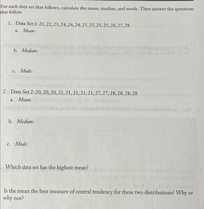 calculate the mean of each data set answer key