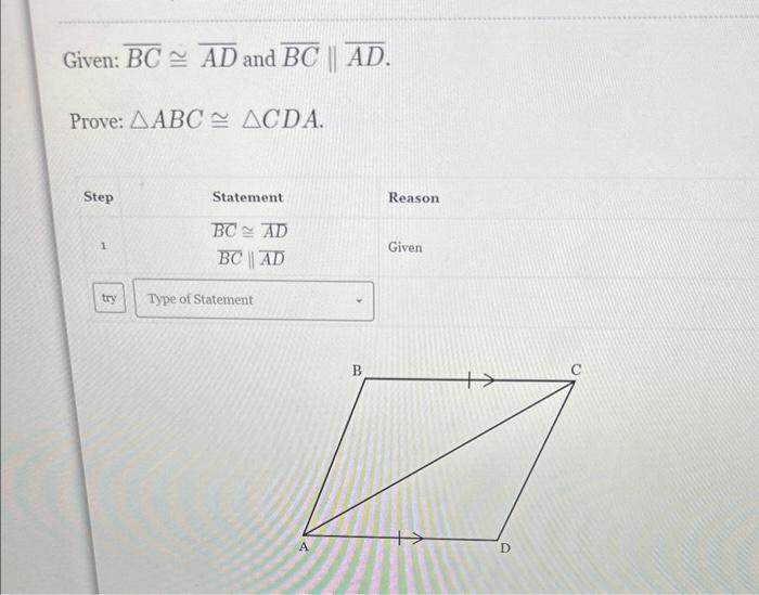 Solved Given Bc≅ad And Bc∥ad Prove Abc≅ Cda 3654