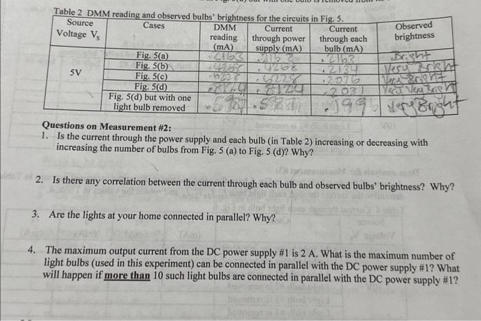 Solved Table 2 DMM reading and observed hulhs' hriahtnece | Chegg.com