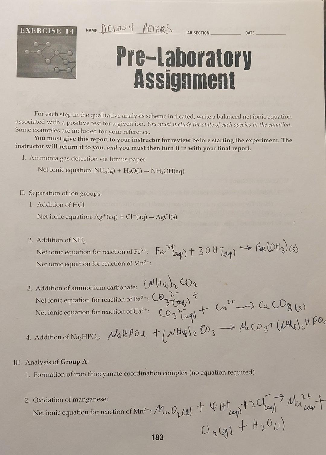 Solved EXERCISE 14 NAME DELROY PETERS LAB SECTION DATE | Chegg.com