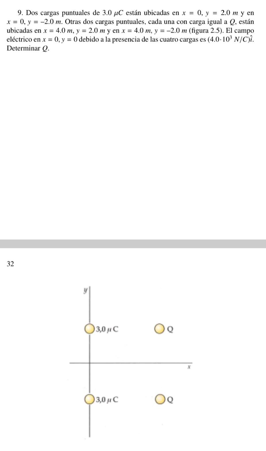 9. Dos cargas puntuales de \( 3.0 \mu C \) están ubicadas en \( x=0, y=2.0 \mathrm{~m} \) y en \( x=0, y=-2.0 \mathrm{~m} \).