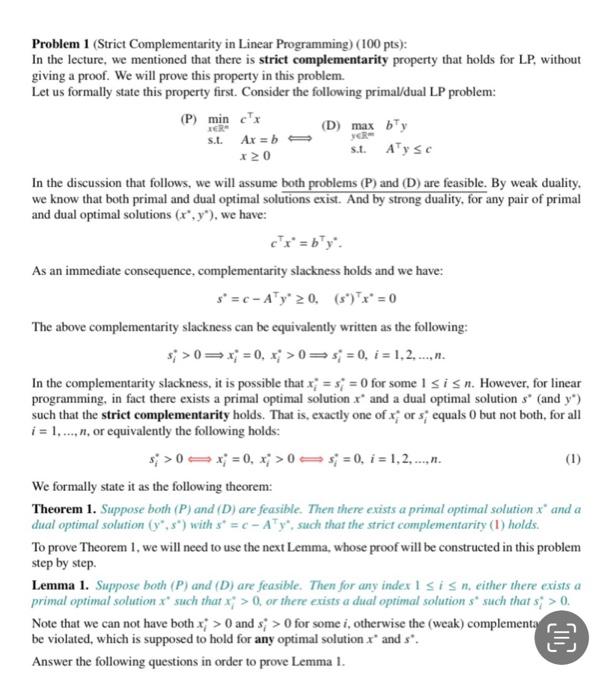 Solved Problem 1 (Strict Complementarity in Linear | Chegg.com