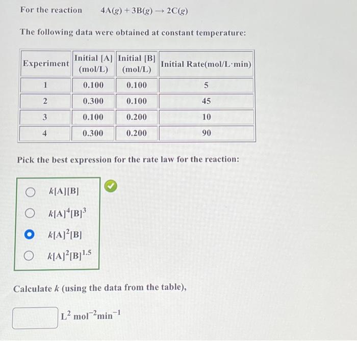 Solved For the reaction 4A(g) + 3B(g) → 2C(g) The following | Chegg.com