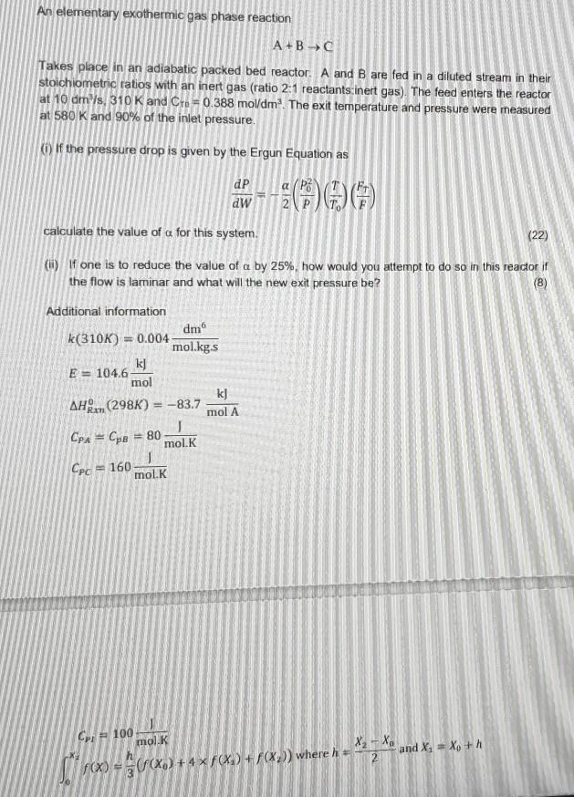 Solved An elementary exothermic gas phase reaction A+B Takes | Chegg.com