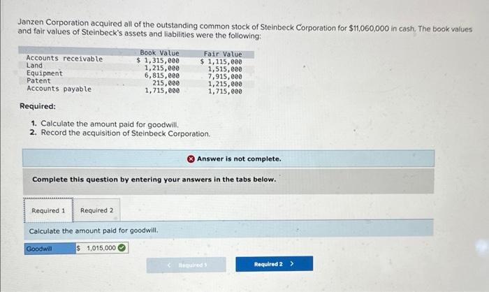 Solved Janzen Corporation Acquired All Of The Outstanding 3884