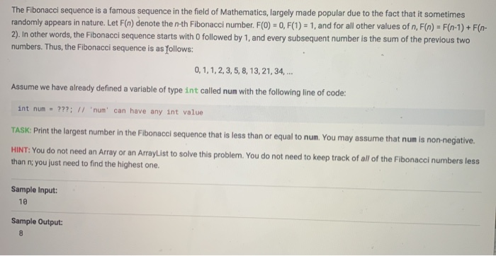 Solved The Fibonacci Sequence Is A Famous Sequence In The | Chegg.com