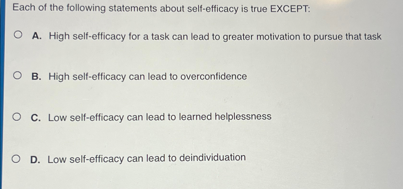 Solved Each of the following statements about self-efficacy | Chegg.com