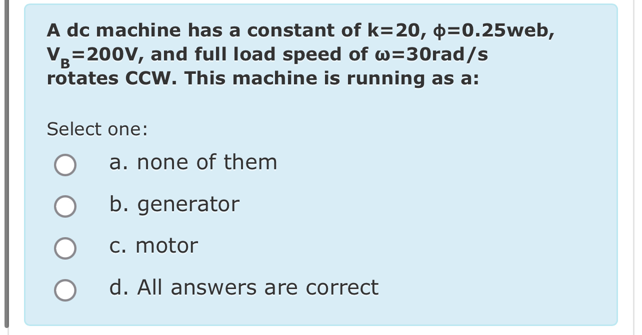 Solved A dc machine has a constant of k=20,φ=0.25web, | Chegg.com