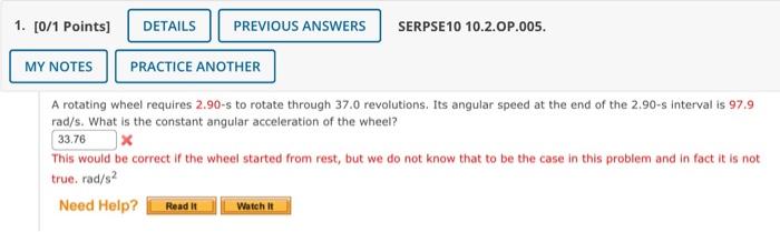 Solved [0/1 Points] SERPSE 10 10.2.OP.005. A rotating wheel | Chegg.com