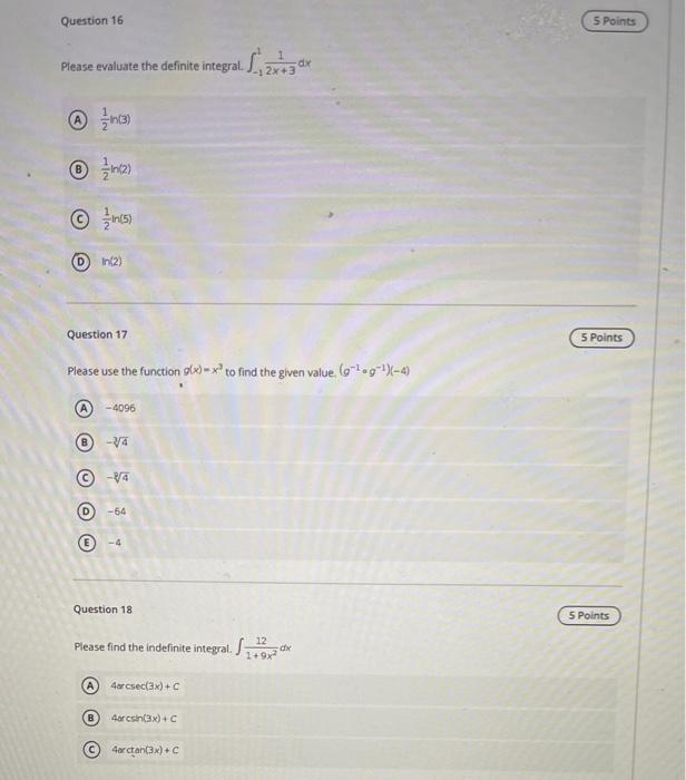 Solved Question 10 5 Points Please evaluate the function | Chegg.com