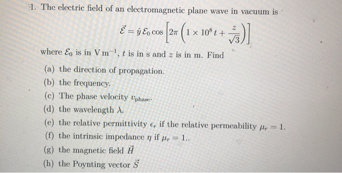 Solved 1 The Electric Field Of An Electromagnetic Plane Chegg Com