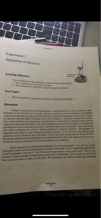 Solved 7 5 Experiment 2 Separation of Mixtures Learning | Chegg.com